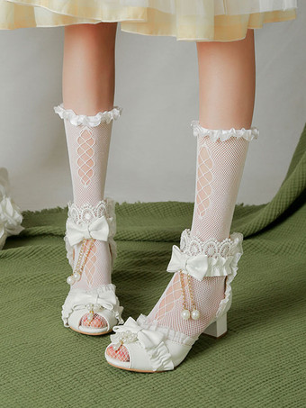ホワイト ROCOCO スタイル ロリータ サンダル エクリュ ホワイト リボン パール PU レザー ピープトウ ロリータ サマー シューズ