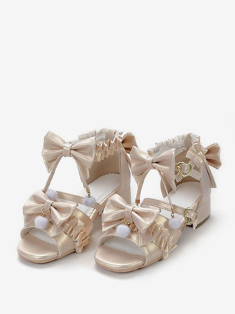 ロココスタイルロリータサンダルエクリュホワイトリボンプリーツPUレザースクエアトゥロリータサマーシューズ