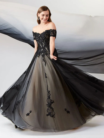 黒のウェディングドレス A ライン半袖レース床の長さのブライダルガウン無料カスタマイズ