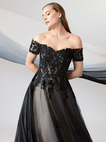 黒のウェディングドレス A ライン半袖レース床の長さのブライダルガウン無料カスタマイズ