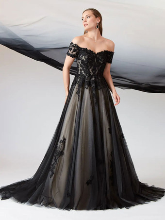 黒のウェディングドレス A ライン半袖レース床の長さのブライダルガウン無料カスタマイズ