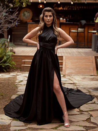 ゴシックウェディングドレス A ラインノースリーブスプリットフロントサテン生地床長さのブライダルドレス無料カスタマイズ