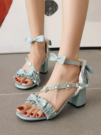 ライトスカイブルースイートロリータサンダル花弓スクエアトゥPUレザーパープルロリータサマーシューズ