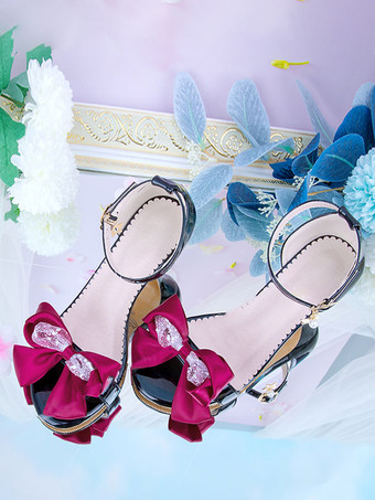 レッド＋ブラックロココスタイルロリータサンダル黒赤弓PUレザーポインテッドトゥロリータサマーシューズ