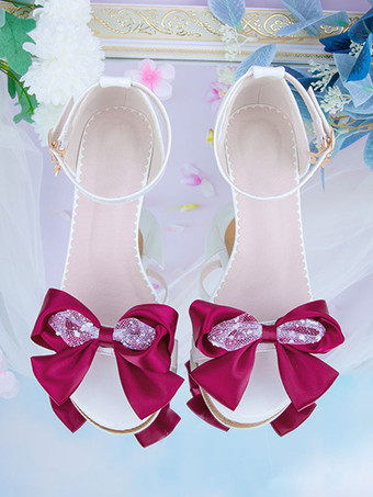 ロココスタイルロリータサンダル黒赤弓PUレザーポインテッドトゥロリータサマーシューズ