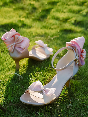 ピンクROCOCO スタイル ロリータ サンダル グリーン リボン PU レザー ポインテッドトゥ ロリータ サマー シューズ