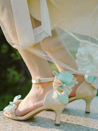 ROCOCO スタイル ロリータ サンダル グリーン リボン PU レザー ポインテッドトゥ ロリータ サマー シューズ