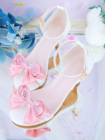 ピンクロココスタイルロリータサンダル黒赤弓PUレザーポインテッドトゥロリータサマーシューズ