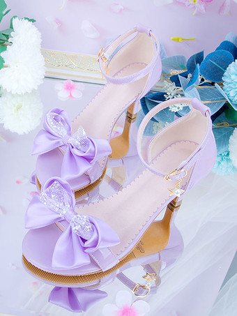 パープル ロココスタイルロリータサンダル黒赤弓PUレザーポインテッドトゥロリータサマーシューズ