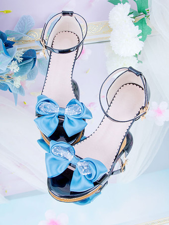 ブルー ロココスタイルロリータサンダル黒赤弓PUレザーポインテッドトゥロリータサマーシューズ