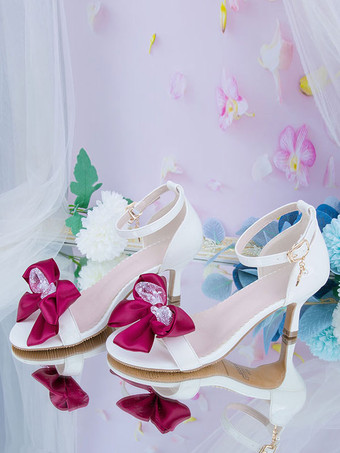 ワインレッド ロココスタイルロリータサンダル黒赤弓PUレザーポインテッドトゥロリータサマーシューズ