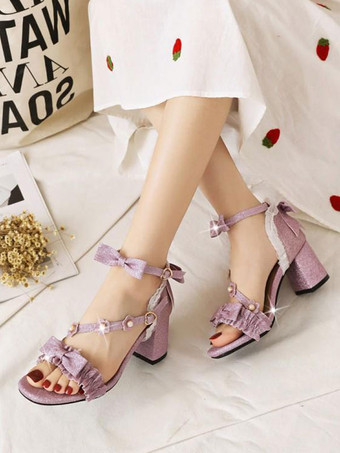 スイートロリータサンダル花弓スクエアトゥPUレザーパープルロリータサマーシューズ
