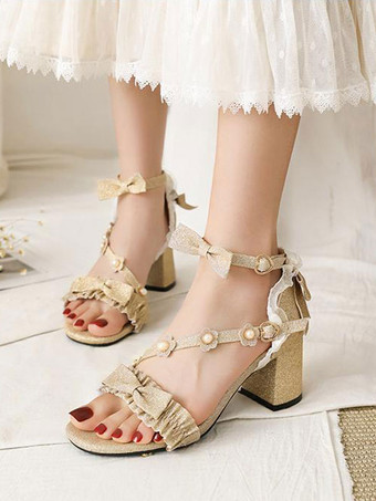 ゴールド スイートロリータサンダル花弓スクエアトゥPUレザーパープルロリータサマーシューズ