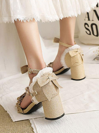 スイートロリータサンダル花弓スクエアトゥPUレザーパープルロリータサマーシューズ