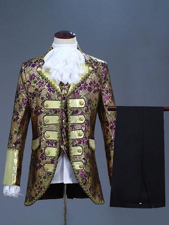 パープル 男性用ビクトリア朝の王子様コスチューム 高級刺繍コスチューム カーニバル レッド ヴィンテージ 花柄 長袖 レトロコスチューム