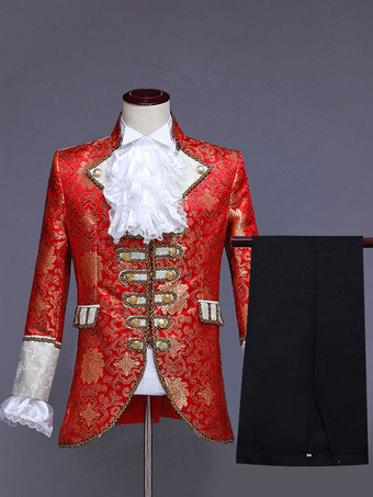 レッド 男性用ビクトリア朝の王子様コスチューム 高級刺繍コスチューム カーニバル レッド ヴィンテージ 花柄 長袖 レトロコスチューム