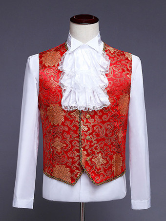 男性用ビクトリア朝の王子様コスチューム 高級刺繍コスチューム カーニバル レッド ヴィンテージ 花柄 長袖 レトロコスチューム