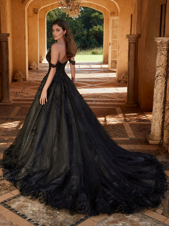 黒のウェディングドレス A ライン レース床の長さのブライダル ドレス無料カスタマイズ