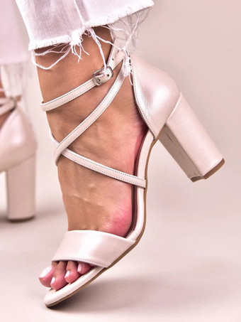 ウェディングシューズPUレザーエクリュホワイトメタルディテールオープントゥウェディングサンダル