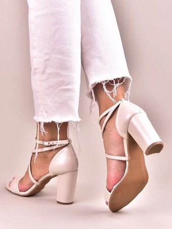 ウェディングシューズPUレザーエクリュホワイトメタルディテールオープントゥウェディングサンダル