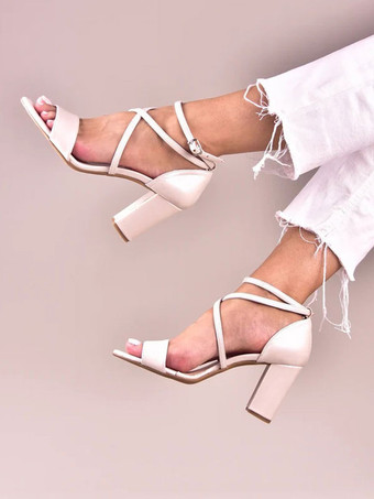 ウェディングシューズPUレザーエクリュホワイトメタルディテールオープントゥウェディングサンダル