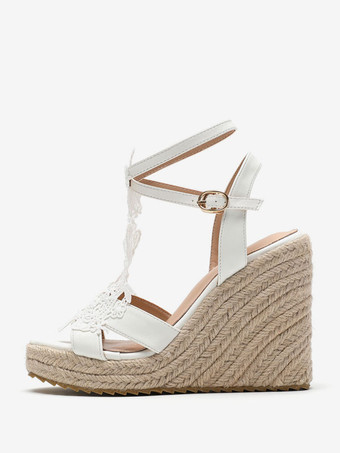 ウェディングシューズ PUレザー ホワイト 刺繍入り オープントゥ ウェディングサンダル