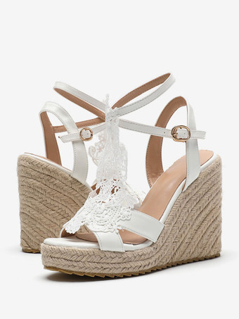 ウェディングシューズ PUレザー ホワイト 刺繍入り オープントゥ ウェディングサンダル