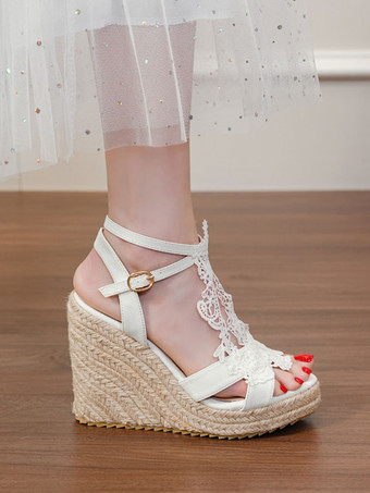 ウェディングシューズ PUレザー ホワイト 刺繍入り オープントゥ ウェディングサンダル