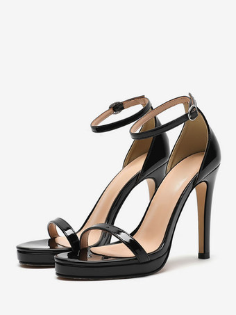 ブラック ブライダル サンダル ブラック パテント PU アッパー シック オープントゥ メタル ディテール ウェディング サンダル