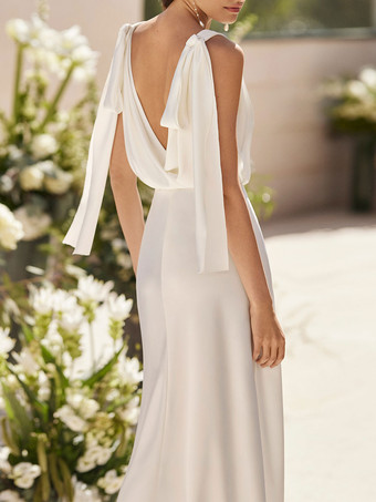 シンプルなウェディングドレスサテン生地 V ネックノースリーブ A ラインブライダルドレス無料カスタマイズ