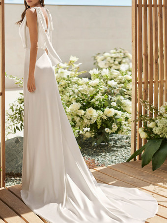 シンプルなウェディングドレスサテン生地 V ネックノースリーブ A ラインブライダルドレス無料カスタマイズ