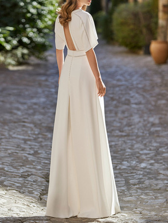 アイボリーブライダルジャンプスーツストレッチクレープポケット床長さのAラインVネック半袖無料カスタマイズ