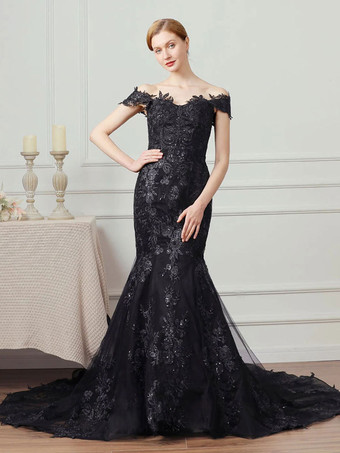 黒のウェディングドレスレースマーメイドノースリーブトレーンブライダルガウン無料カスタマイズ