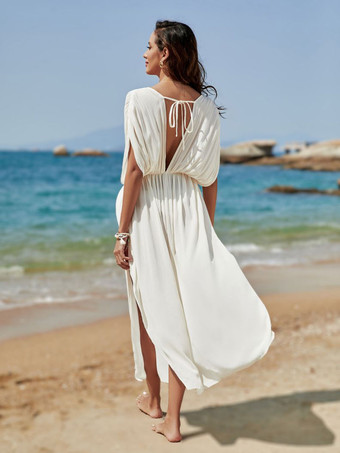 女性のためのカバーアップ ホワイト プリーツ V ネック ハーフスリーブ ハイスリット夏セクシーな水着