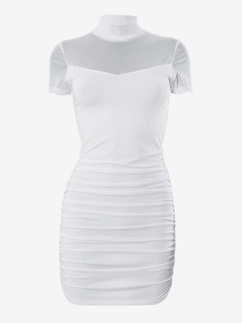 ボディコンドレス ブラック 半袖 セクシー ハイカラー シアー シースドレス