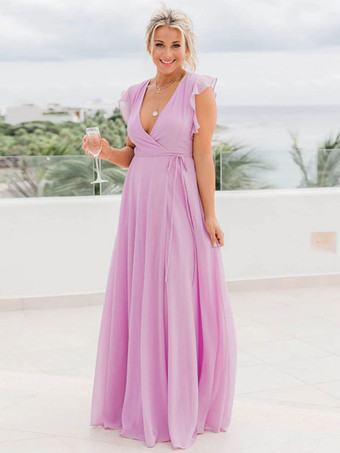 パープル Vネック マキシドレス フラッタースリーブ レースアップ エレガント プロムドレス