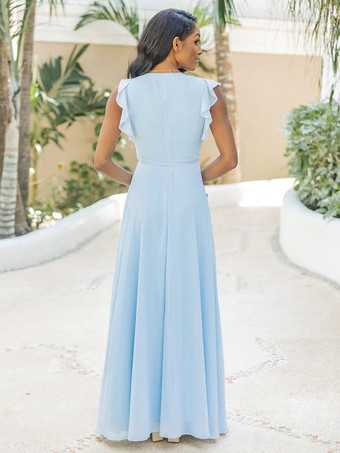 Vネック マキシドレス フラッタースリーブ レースアップ エレガント プロムドレス