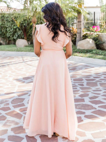 Vネック マキシドレス フラッタースリーブ レースアップ エレガント プロムドレス