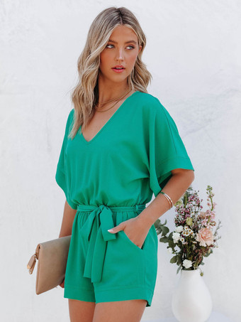 グリーン ブラック V ネック ハーフスリーブ レースアップ ストレート サマー プレイスーツ