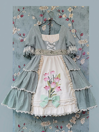 クラシック ロリータ ドレス コットン フリル ロリータ ドレス 半袖 花柄 セージ