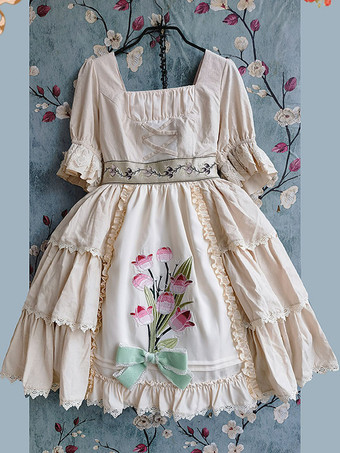 ベージュクラシック ロリータ ドレス コットン フリル ロリータ ドレス 半袖 花柄 セージ