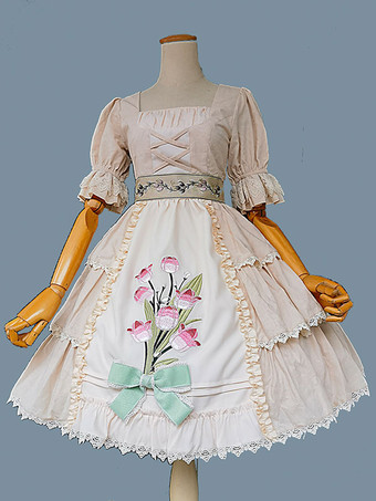 クラシック ロリータ ドレス コットン フリル ロリータ ドレス 半袖 花柄 セージ