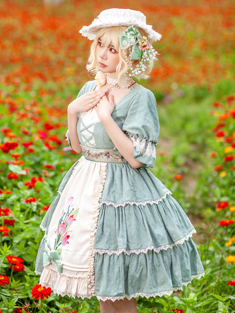 クラシック ロリータ ドレス コットン フリル ロリータ ドレス 半袖 花柄 セージ