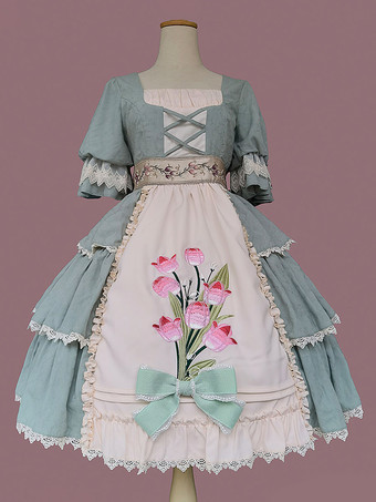 クラシック ロリータ ドレス コットン フリル ロリータ ドレス 半袖 花柄 セージ