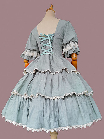 クラシック ロリータ ドレス コットン フリル ロリータ ドレス 半袖 花柄 セージ