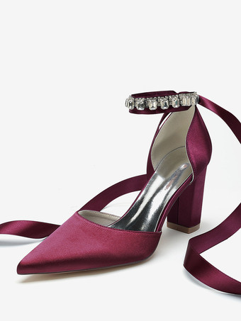 ワインレッド ウェディングシューズ ブライダル パンプス サテン ポインテッドトゥ