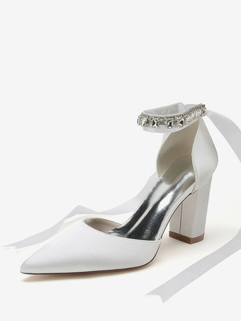 ホワイト ウェディングシューズ ブライダル パンプス サテン ポインテッドトゥ