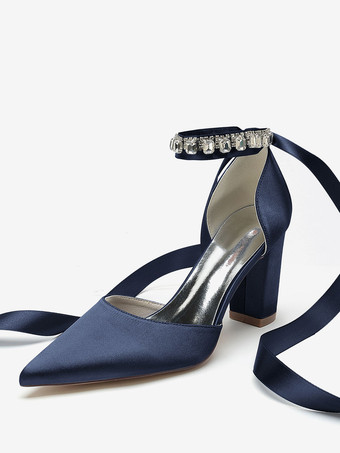 ディープブルーウェディングシューズ ブライダル パンプス サテン ポインテッドトゥ