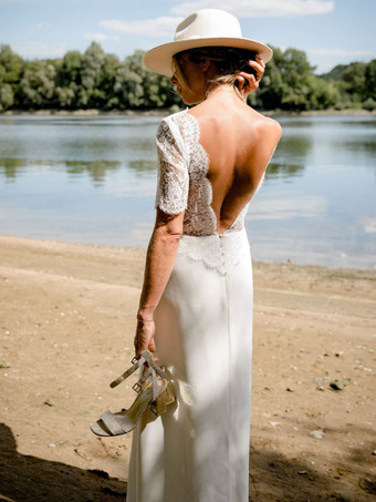 アイボリーボヘミアンウェディングドレスレースAラインスイープバックレス半袖Vネック無料カスタマイズ