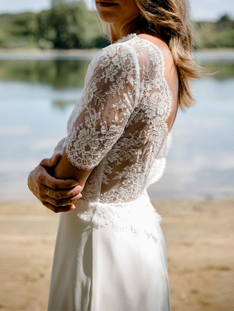 アイボリーボヘミアンウェディングドレスレースAラインスイープバックレス半袖Vネック無料カスタマイズ